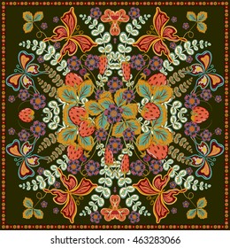 Decorative color floral background, strawberry and butterfly pattern and ornate lace frame. Bandanna shawl fabric print, silk neck scarf, kerchief design, vector illustration. Fruit square decoration