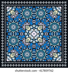 Decorative color geometric background hand drawn floral doodle pattern and ornate lace frame. Bandanna shawl fabric print silk neck scarf kerchief design, vector illustration. Tribal ethnic decoration