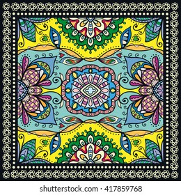 Decorative color geometric background hand drawn floral doodle pattern and ornate lace frame. Bandanna shawl fabric print silk neck scarf kerchief design, vector illustration. Tribal ethnic decoration