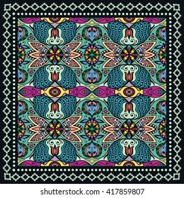 Decorative color geometric background hand drawn floral doodle pattern and ornate lace frame. Bandanna shawl fabric print silk neck scarf kerchief design, vector illustration. Tribal ethnic decoration