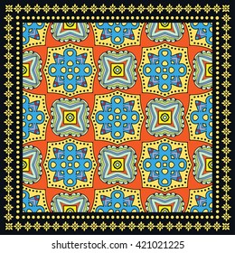 Decorative color geometric background, mandala floral pattern and ornate lace frame. Bandanna shawl fabric print, silk neck scarf, kerchief design, vector illustration. Tribal ethnic round decoration