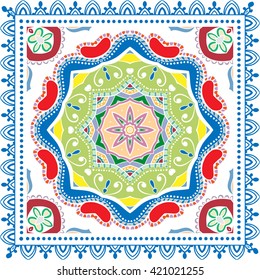 Decorative color geometric background, mandala floral pattern and ornate lace frame. Bandanna shawl fabric print, silk neck scarf, kerchief design, vector illustration. Tribal ethnic round decoration