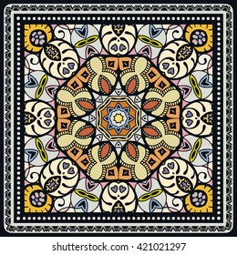 Decorative color geometric background, mandala floral pattern and ornate lace frame. Bandanna shawl fabric print, silk neck scarf, kerchief design, vector illustration. Tribal ethnic round decoration