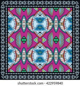 Decorative color geometric background, square floral pattern and ornate lace frame. Bandanna shawl fabric print, silk neck scarf, kerchief design, vector illustration. Tribal ethnic round decoration