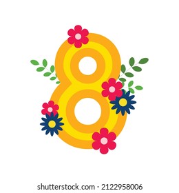 Decorative color  number eight with flowers and leaves. Element for 8 march. Template for card, invitation, greeting, cover, wallpaper, poster, banner. Flat vector illustration.