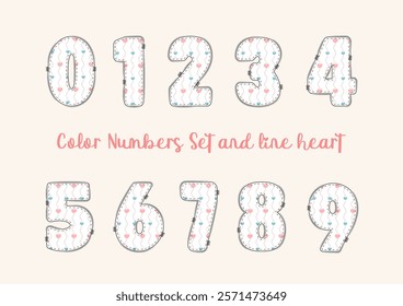 Decorative color numbers with line heart, Cute Valentine Heart Font Alphabet, letter of number set, Valentine's Day theme, Typography typeface vector illustration, number zero to nine, 0-9