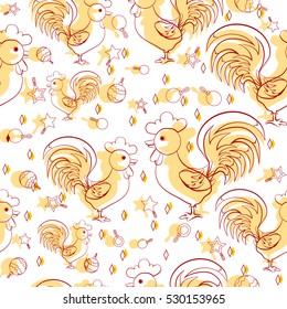 Decorative color rooster, christmas decorations vector cartoon doodle illustration, seamless pattern, symbol of 2017 on Chinese calendar of red cock, Character design for New Year, image zodiac symbol