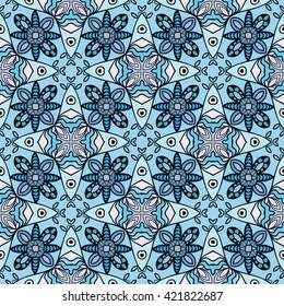 Decorative color seamless doodle floral pattern.  Hand drawn geometric ornament, bandanna shawl, carpet design. Vector decoration geometric sketch background with seamless texture