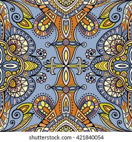 Decorative color seamless doodle floral pattern.  Hand drawn geometric ornament, bandanna shawl, carpet design. Vector decoration geometric sketch background with seamless texture