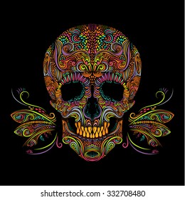 Calavera de color decorativa sobre fondo negro. Ilustración vectorial en blanco y negro