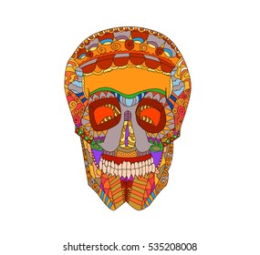 Decorative color skull on a white background. Black and white, vector illustration. Coloring