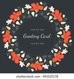 Decorative color vector round invitation card with elegant posh flowers
