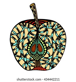 Decorative colored apple with stylized pattern. Zentangle style. Isolated on white.