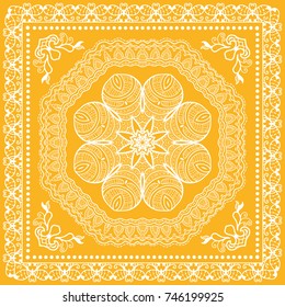 Decorative colored background, geometric floral doodle pattern with ornate lace frame. Tribal ethnic mandala ornament. Bandanna shawl, tablecloth fabric print, silk neck scarf, kerchief design