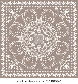 Decorative colored background, geometric floral doodle pattern with ornate lace frame. Tribal ethnic mandala ornament. Bandanna shawl, tablecloth fabric print, silk neck scarf, kerchief design