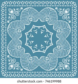 Decorative colored background, geometric floral doodle pattern with ornate lace frame. Tribal ethnic mandala ornament. Bandanna shawl, tablecloth fabric print, silk neck scarf, kerchief design