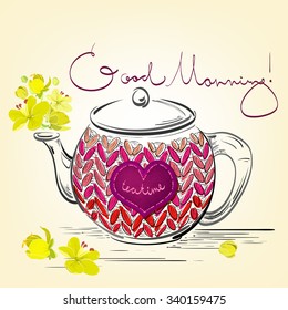 Decorative colored banner with flowers and kettle