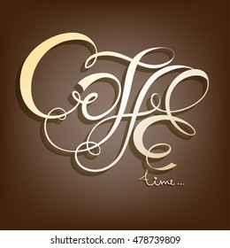 Decorative colored banner with hand drawn elements. Lettering coffee logo on dark background. Vector calligraphic logo template.