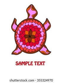 decorative colored with beautiful ornament on the shell of a turtle on a white background