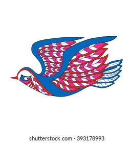 Decorative colored bird in zentangle style, in zendoodle style. This illustration can be used as a greeting card or as a print on T-shirts and bags. Vector illustration.