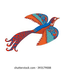 Decorative colored bird in zentangle style, in zendoodle style. This illustration can be used as a greeting card or as a print on T-shirts and bags. Vector illustration.