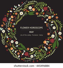 decorative colored cute floral wreath lily purslane daisy background color horoscope card