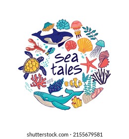 Decorative colored dolphin, fish, corals, shells in the shape of a circle isolated on white. Round composition with marine and oceanic inhabitants and lettering tales of the sea. Vector illustration