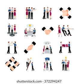 Decorative colored flat teamwork icons set with people commands and handshake signs as symbol of cooperation and partnership 