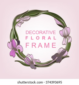Decorative colored floral frame. Stylized irises hand drawn on a tablet.