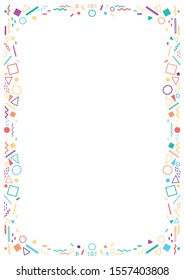 Decorative, colored frame and geometric shapes of circles, triangles, rectangles, curves and more. Perfect as a photo frame, for scrapbooking, postcards, posters, invitation cards. Decorative frame A4