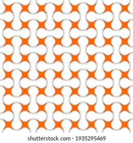 Decorative colored geometric repeating pattern with circular curved shape lines and bumping square patches. Simple repeat tiles. Ideal regular molecular drop particles ornament.