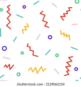 Decorative, colored geometric shapes of circle, dashes, zigzags, curves seamless background.  Perfect for gift paper, baby shower, scrapbooking, postcards, posters, invitation cards.