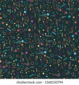Decorative, colored geometric shapes of circles, triangles, rectangles, curves seamless background. Perfect as a photo frame, for scrapbooking, postcards, posters, invitation cards. 