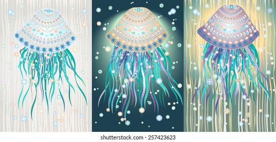 Decorative colored jellyfish on backgrounds