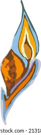 Decorative colored leaf, like a burning candle on a white background. Grunge leaf emblem in orange-blue tonality for textiles and prints, wallpaper and fabric products, interior solutions, etc.