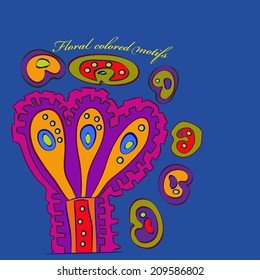 Decorative colored plant and yellow text on a blue background. Handmade.