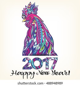  Decorative colored Rooster. Chinese New Year Symbol 2017 New Year.
 Colored vector illustration. With lettering 2017 Happy New Year with decorative elements.