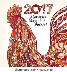  Decorative colored Rooster. Chinese New Year Symbol 2017 New Year.
 Colored vector illustration. With lettering 2017 Happy New Year with decorative elements.