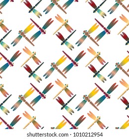 Decorative colored seamless pattern with cute dragonfly. Vintage background with many dragonflies silhouettes for your design.