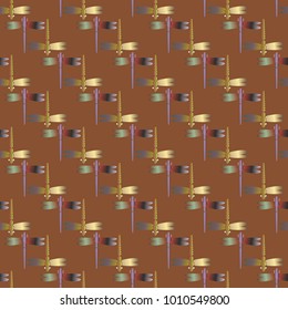 Decorative colored seamless pattern with cute dragonfly. Vintage background with many dragonflies silhouettes for your design.
