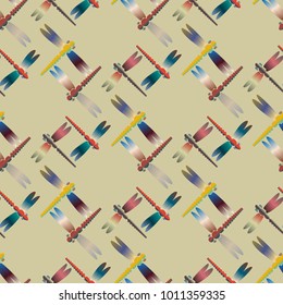 Decorative colored seamless pattern with cute dragonfly. Vintage background with many dragonflies silhouettes for your design.