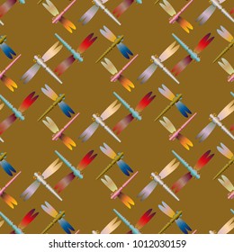 Decorative colored seamless pattern with cute dragonfly. Vintage background with many dragonflies silhouettes for your design.