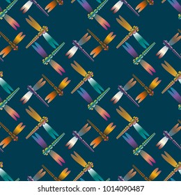 Decorative colored seamless pattern with cute dragonfly. Vintage background with many dragonflies silhouettes for your design.