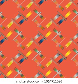 Decorative colored seamless pattern with cute dragonfly. Vintage background with many dragonflies silhouettes for your design.