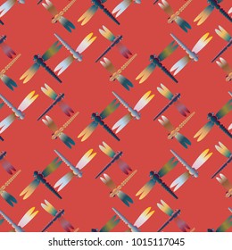 Decorative colored seamless pattern with cute dragonfly. Vintage background with many dragonflies silhouettes for your design.