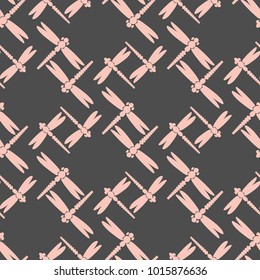 Decorative colored seamless pattern with cute dragonfly. Vintage background with many dragonflies silhouettes for your design.