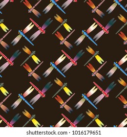 Decorative colored seamless pattern with cute dragonfly. Vintage background with many dragonflies silhouettes for your design.