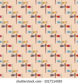Decorative colored seamless pattern with cute dragonfly. Vintage background with many dragonflies silhouettes for your design.