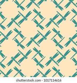 Decorative colored seamless pattern with cute dragonfly. Vintage background with many dragonflies silhouettes for your design.