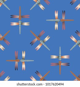 Decorative colored seamless pattern with cute dragonfly. Vintage background with many dragonflies silhouettes for your design.